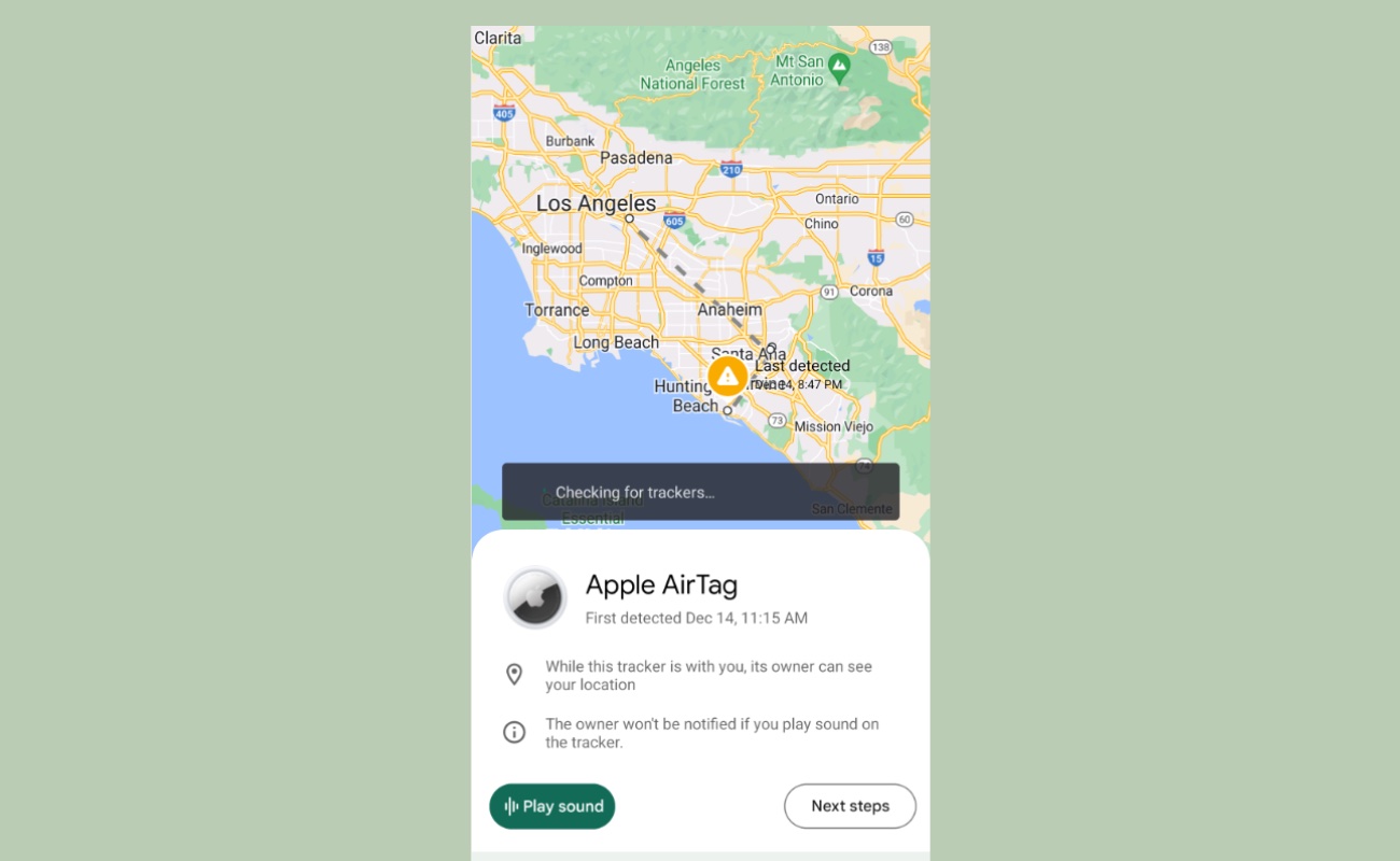 অ্যান্ড্রয়েডের "Unknown AirTag" অনুসন্ধান স্ক্রিন।
