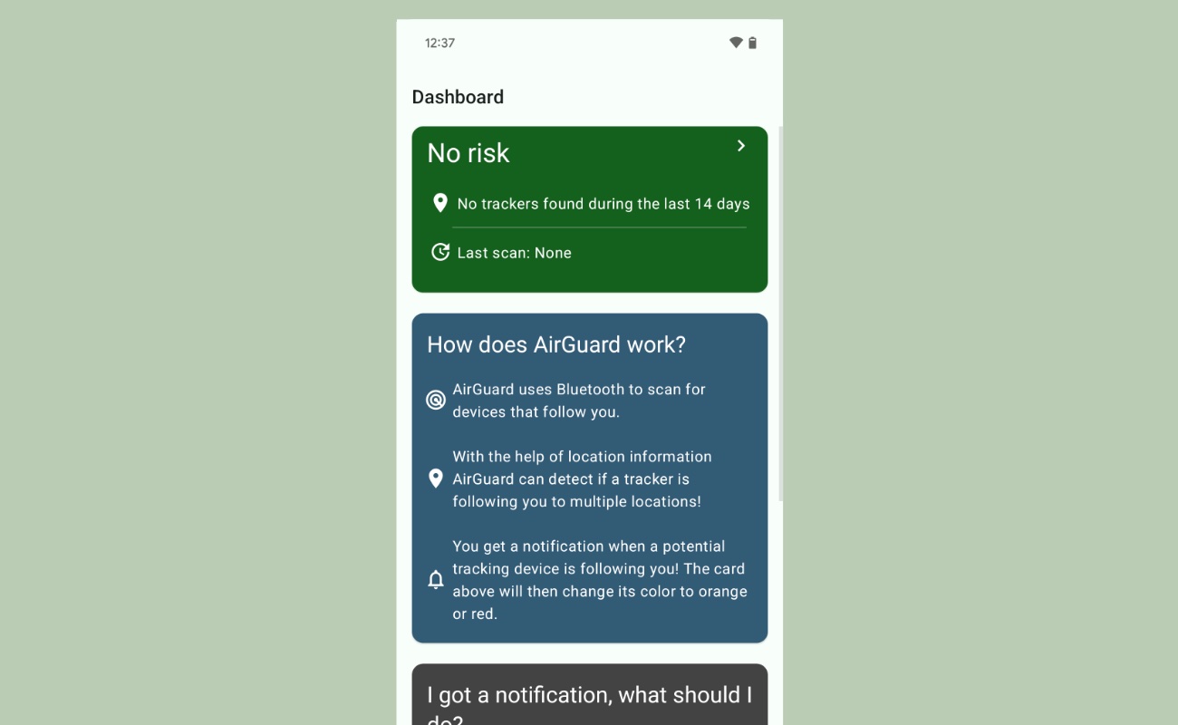 অ্যান্ড্রয়েডে AirGuard-এর ড্যাশবোর্ড।