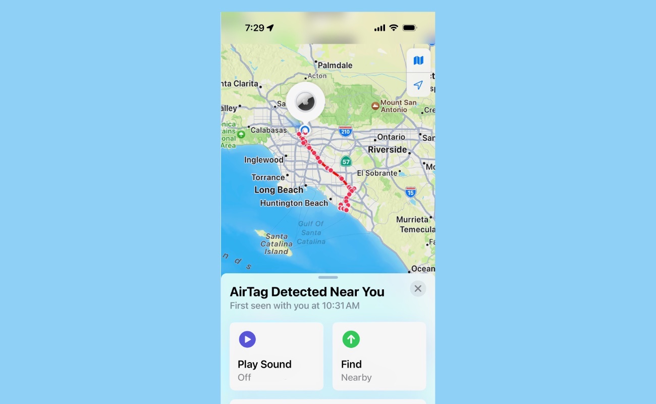 আইফোনের "Find My" অ্যাপে একটি AirTag-এর ইতিহাস দেখানো হচ্ছে।