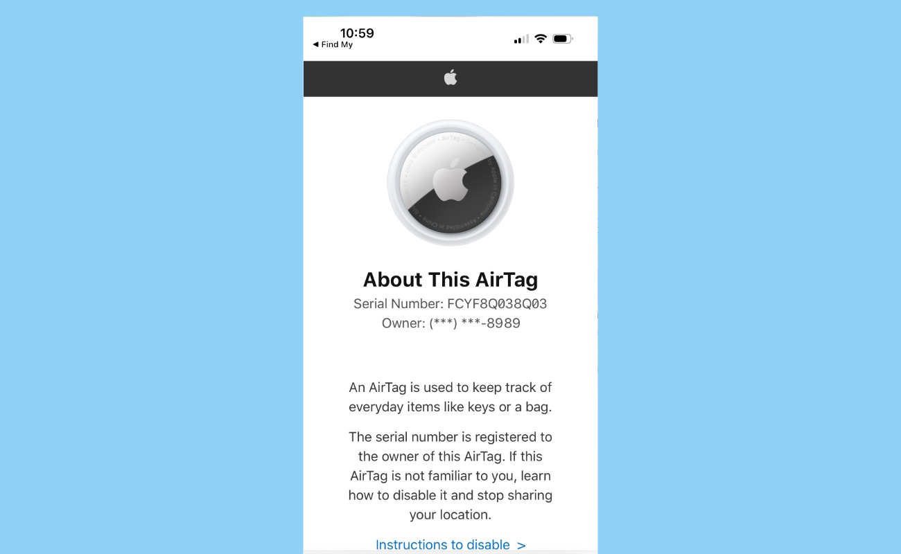 AirTag স্ক্যান করার পর মালিকের তথ্য দেখানো হচ্ছে, যার মধ্যে তাঁর অ্যাপল অ্যাকাউন্টে ব্যবহৃত ফোন নম্বরের শেষ চার সংখ্যা রয়েছে।