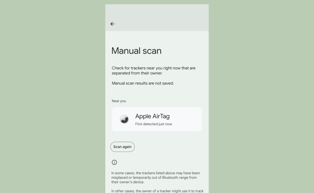 ব্লুটুথ ট্র্যাকারের জন্য অ্যান্ড্রয়েডের "Manual Scan" স্ক্রিন।