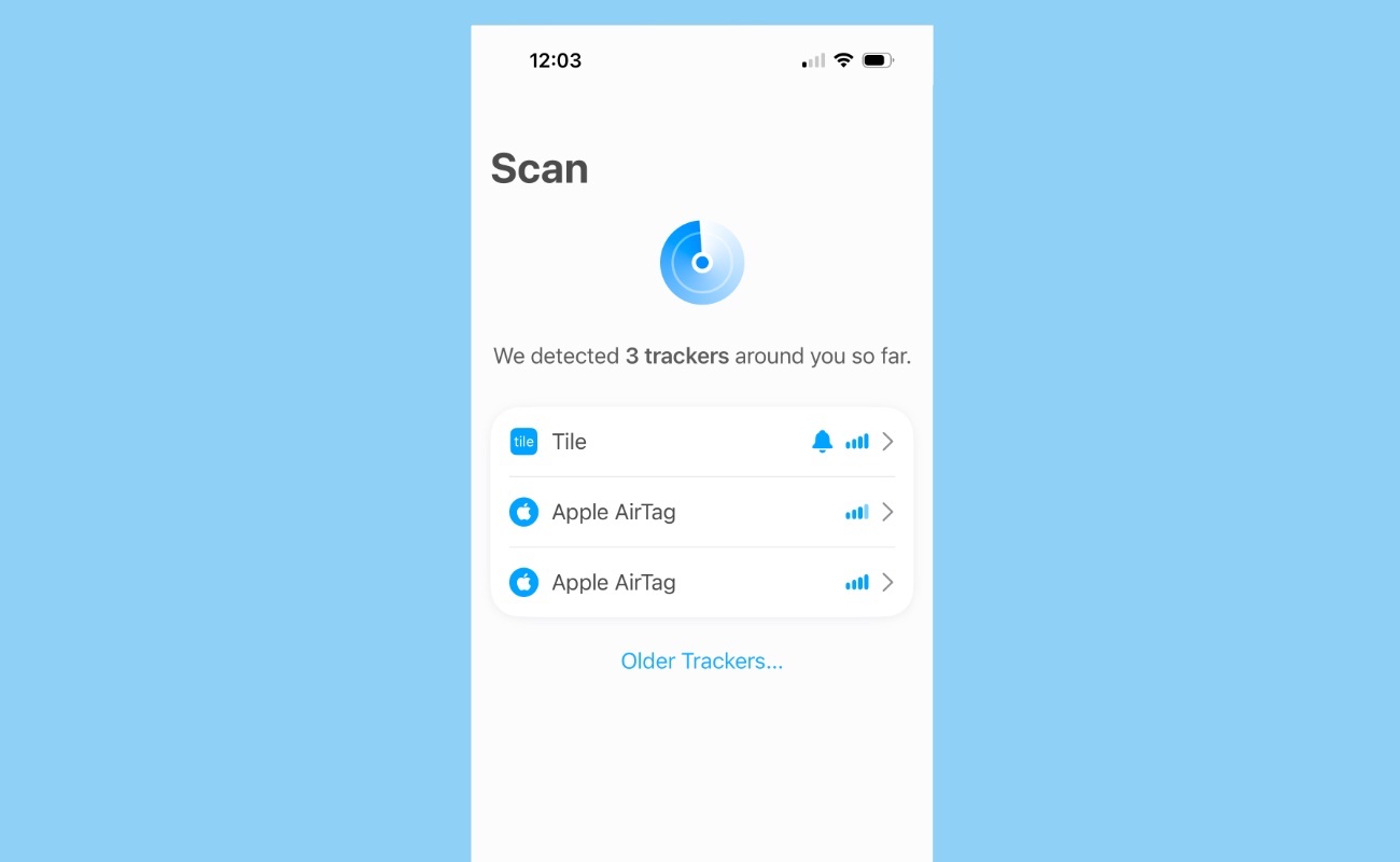 আইফোনে AirGuard-এর "Scan" স্ক্রিন।
